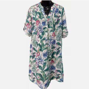 J McLaughlin 100% Linen Tropical Flamingo Print Tunic Swim Cover Dress Women's S